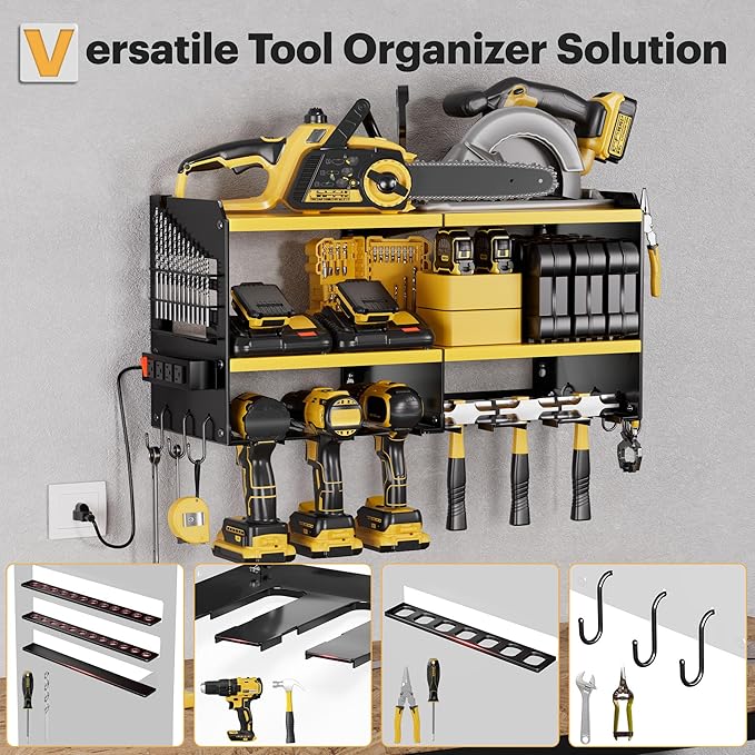 Spampur Large Power Tool Organizer Wall Mount with Charging Station, 3 Layer Heavy Duty Metal Tool Storage Rack Loads 420lbs with 6 Cordless Drill Holder, Utility Rack Loads with 4 Power Strip
