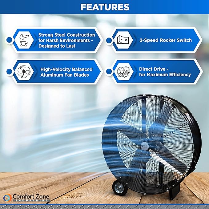 Comfort Zone CZMC42 High-Velocity Industrial Heavy Duty 2-Speed 2-Wheel Drum Fan with Aluminum Blades – 42"