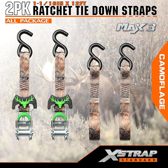XSTRAP STANDARD 2 Pack Heavy Duty Hunting Ratchet Tie Down Straps, 1-1/16" x 12Ft, 3000Lbs Break Strength, for UTV, ATV, Motorcycle & Moving Cargo, Camouflage