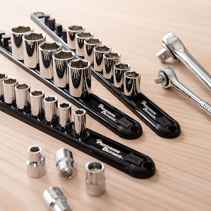 Precision Defined Aluminum Tool Socket Holder 3-Piece Set | Black, 1/4-Inch x 16 Clips, 3/8-Inch x 16 Clips, 1/2-Inch x 14 Clips | 360 Rotation - Heavy Duty Socket Rails Organizer, Socket Storage