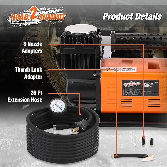 Heavy Duty Portable 12V Air Compressor Kit Inflate 6.35CFM (180L/ Min), Max 150PSI, Off-Road Air Compressor Kit for 4x4 Vehicle RV, Air Pump for ATVS Tire, for Car and SUV Tire