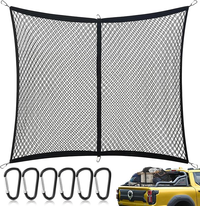 Highly Elastic Cargo Net - Double Layer Truck Bed Cargo Net for Pickup Trucks, Vans, and SUVs | 4x4 FT Stretches to 7x7 FT, Perfect for Daily Light Loads