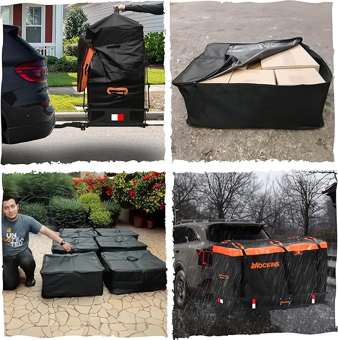 Mockins 30 Cubic Ft. Trailer Hitch Cargo Carrier Bag & 6 Packing Cubes 29"x23"x12" | 60"x24"x36" Waterproof Cargo Bag for Hitch Carrier | Set of Vehicle Soft-Shell Carriers with Buckle Straps & Lock