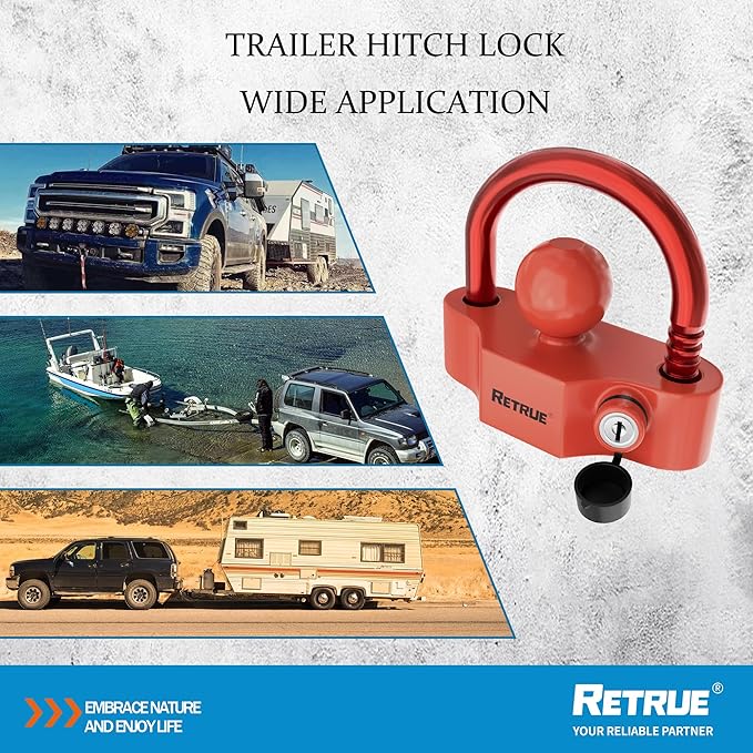 RETRUE Universal Coupler Lock Trailer Locks Ball Hitch Trailer Hitch Lock Adjustable Security Heavy-Duty Steel Fits 1-7/8 Inch, 2 Inch, 2-5/16 Inch Couplers Red & Red