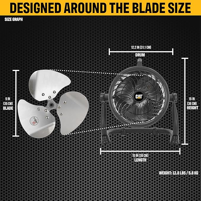 Caterpillar® fan (HVD-9AC) 9”-Blade High-Velocity Drum Fan (Black, 2-in-1): 940 CFM, 4-Speed, 360° Pivoting Head, Dual Ball Bearing Motor with Die-Cast Cover