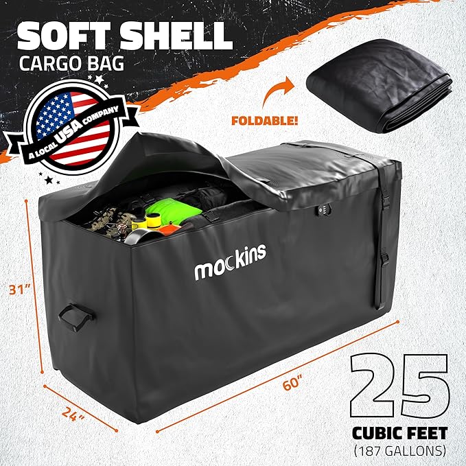 Mockins 25 CuFt All-Weather Trailer Hitch Cargo Carrier Bag | 60"x24"x31" Versatile Truck Bed Waterproof Storage & Cargo Bag for Hitch Carrier | Vehicle Soft-Shell Carriers w/Straps, Lock & Carry Bag