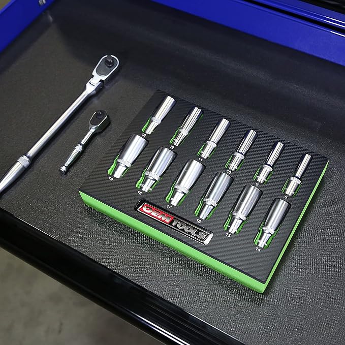 OEMTOOLS 23981 12 Piece Deep Socket Set 3/8, Deep Well Socket Set Metric 8mm-19mm, Heat-Treated Alloy Steel Sockets, Hard Chrome Finish, EVA Foam Tray