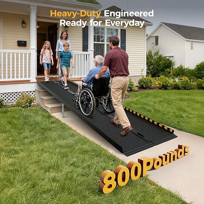 CAMMOO 10FT Portable Wheelchair Ramp-800LBS Heavy-Duty, High-Strength Aluminum Alloy with 4 Adjustable Legs, 4 Wheels, Triple Anti-Slip and Seamless Design, Ideal for Home Steps, Threshold, Doorways