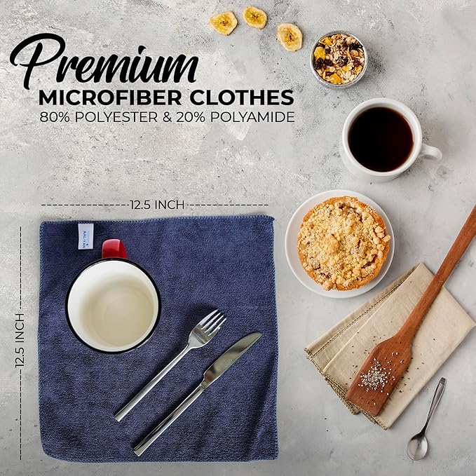 Microfiber Cleaning Cloth - Pack of 12 (12.5"x12.5") Gray Color, Non-Abrasive, Ultra-Absorbent, Lint-Free Towels for Cars, Reusable Cleaning Rags