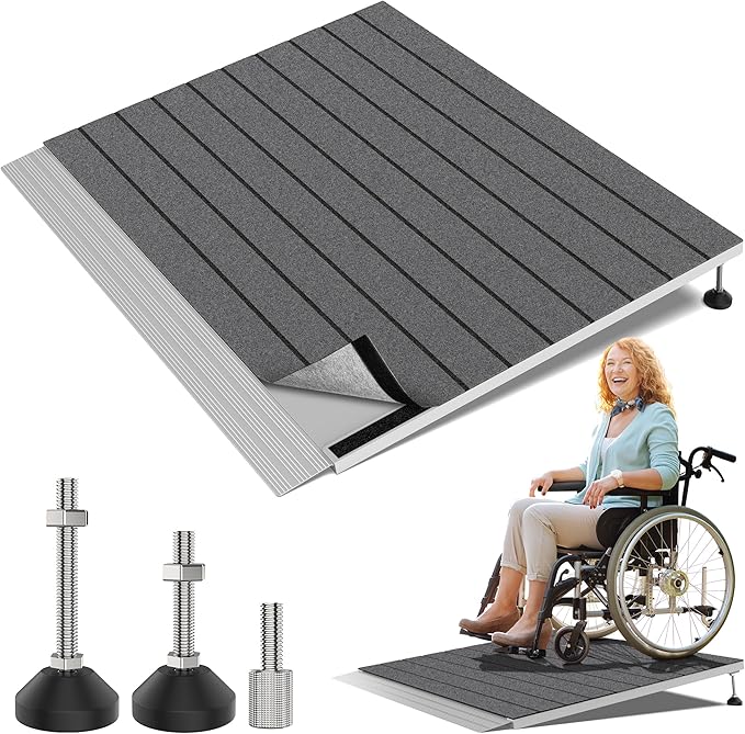 Threshold Ramps for Wheelchairs, Adjustable Height 3"–6.2" and 30"×36" Platform Aluminum Wheelchair Ramp, Door Threshold Ramps with a Non-Slip Thick Door Mat for Scooters, Power Chairs, Cart