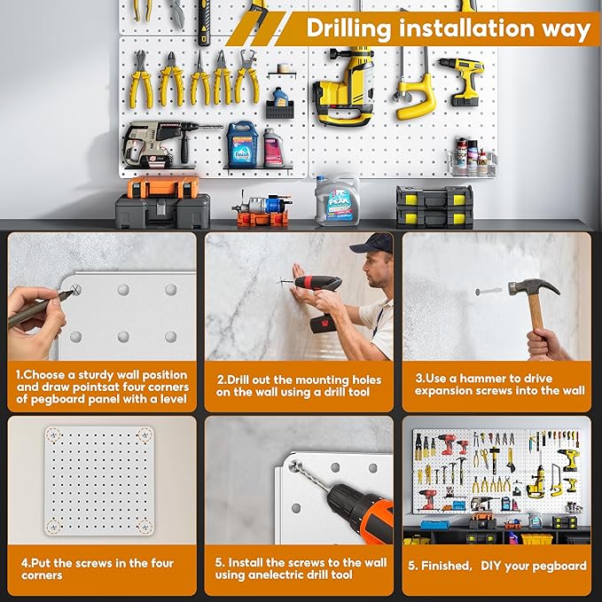 Peg Board, 70PCS Heavy Duty Metal Pegboard with Hooks, 6 Pack White Peg Board Panels, 50lbs Load Capacity Each, Pegboard Wall Organizer for Garage, Workshop, Craft Rooms Total 24” x 36”
