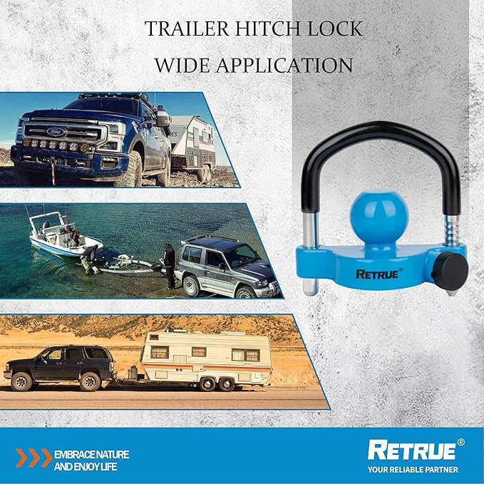 RETRUE Universal Trailer Ball Lock Hitch Coupler Locks Fits 1-7/8 Inch, 2 Inch, 2-5/16 Inch Couplers Adjustable Security with Weatherproof Cover and Cap, Blue