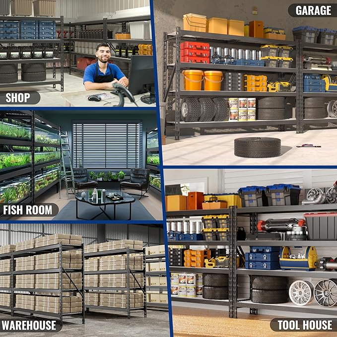 WORKPRO 8000LBS Storage Shelves, 77" Extra-Wide Garage Shelving, Heavy-Duty Metal Shelving Unit, Adjustable 4-Tier Garage Storage Rack for Warehouse, Basement,77" W X 24" D X 72" H, Black