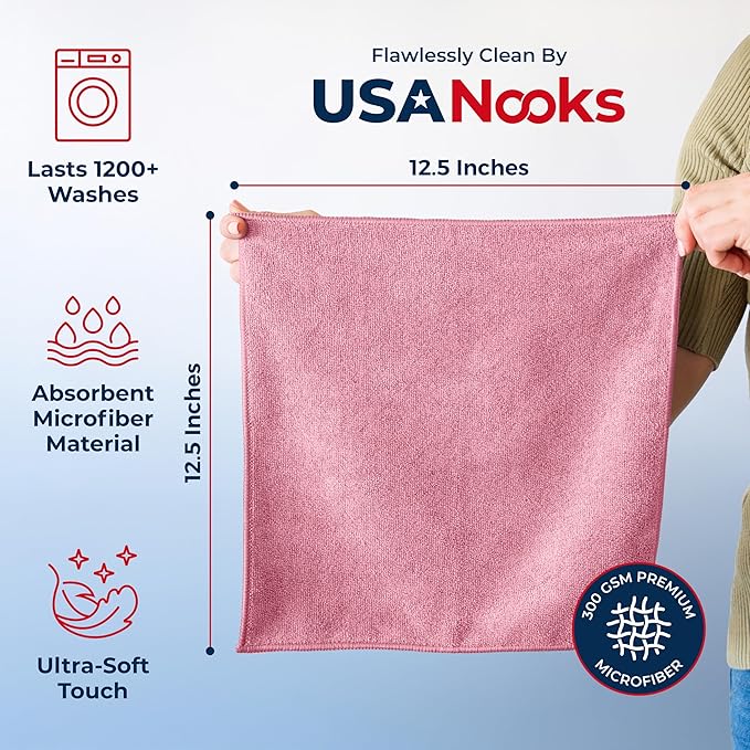 USANOOKS Microfiber Cleaning Cloth Light Pink - 50 Pcs 12.5"x12.5" - High Performance - 1200 Washes, Ultra Absorbent Towels Weave Grime & Liquid for Streak-Free Mirror Shine - Car Washing Cloth