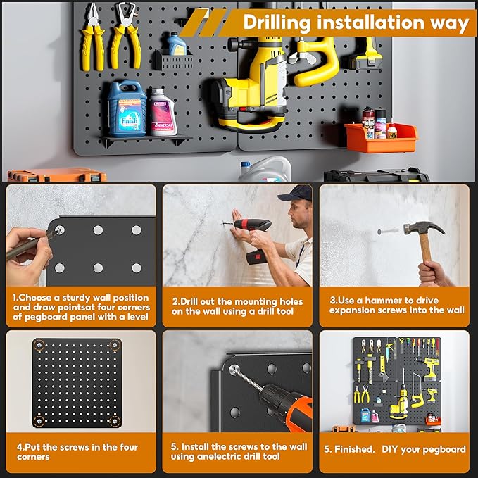 Peg Board, 68PCS Heavy Duty Metal Pegboard with Hooks, 4 Pack Black Peg Board Panels, 50lbs Load Capacity Each, Pegboard Wall Organizer for Garage, Workshop, Craft Rooms Total 24” x 24”