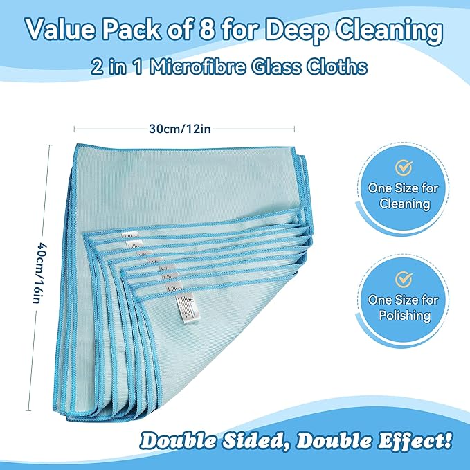 8Pcs Microfibre Glass Cleaning Cloth 290GSM, Lint Free Glass Cloth for Polishing Mirrors Stainless Steel, Windows, All-Purpose Microfiber Towels(Blue, 30 x 40 cm)