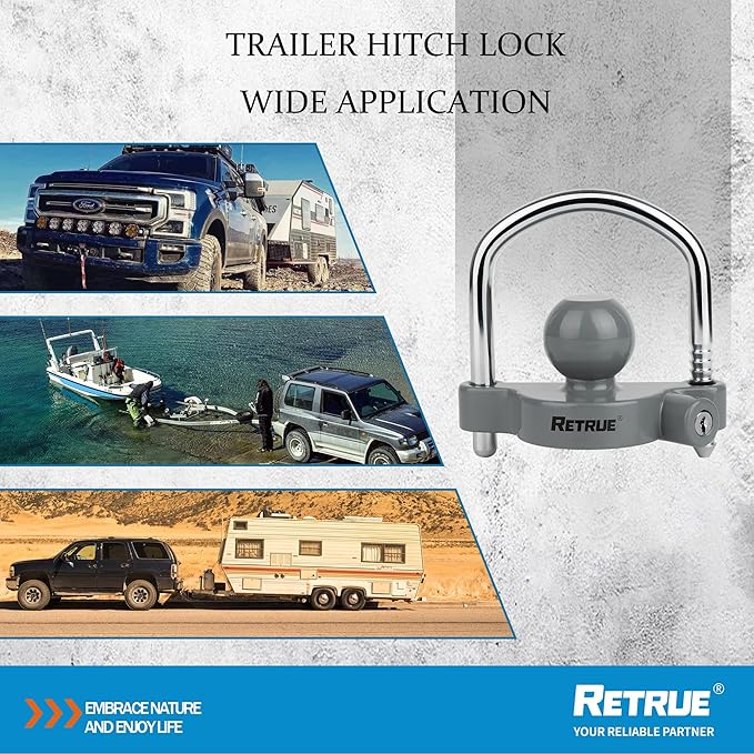 RETRUE Universal Coupler Lock Trailer Locks Ball Hitch Trailer Hitch Lock Adjustable Security Heavy-Duty Steel Fits 1-7/8 Inch, 2 Inch, 2-5/16 Inch Couplers, Grey
