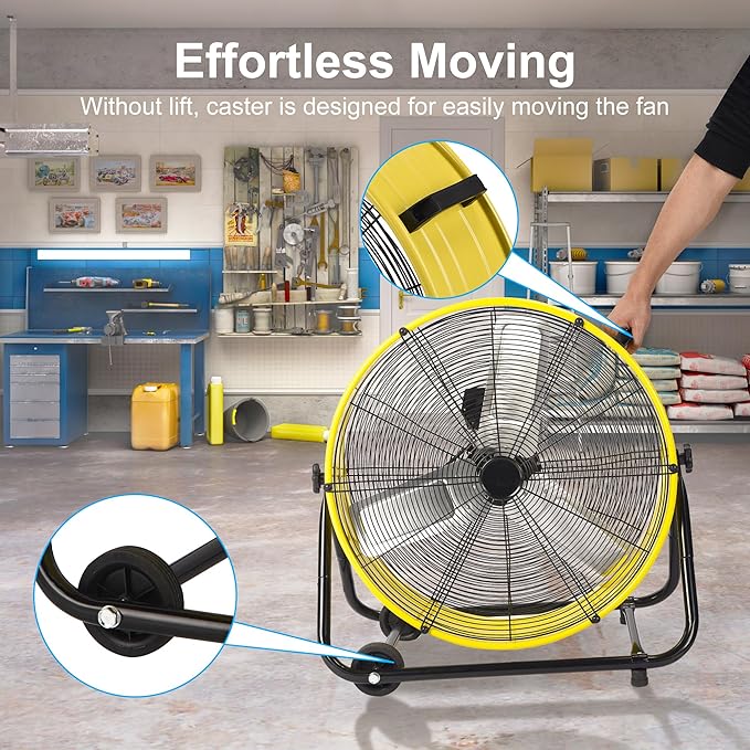 Uthfy 24 Inch Heavy Duty Industrial Drum Fan, High Velocity Floor Fan with 3 Speeds, 360° Tilt Metal Garage Fan for Warehouse, Commercial, Workshop, Factory and Basement, Light Yellow
