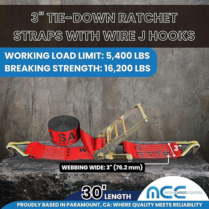 Mega Cargo Control 3" x 30' Heavy Duty Ratchet Straps with Wire Hooks, 16,200 Lbs Break Strength for Pick Up Trucks, Flatbeds, Trailers (RED-10