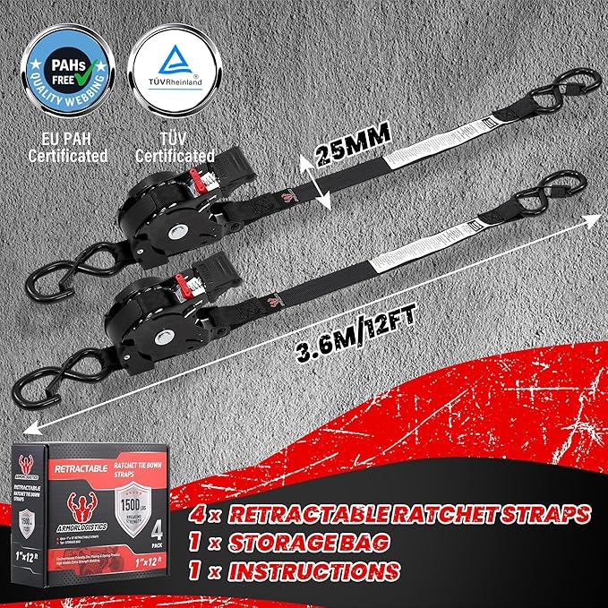 Retractable Ratchet Straps 4 Pack, 1500LBS Break Strength Self Retracting Tie Down Straps, 1" x 12' Auto Ratchet Straps for Motorcycle, Kayak and Trucks, Black