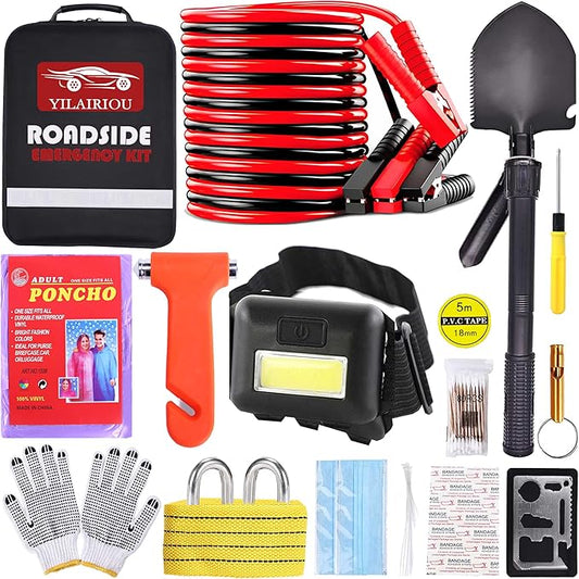 Car Roadside Emergency Kit, with Jumper Cables Automotive Kit,Car Safety Roadside Assistance Kit Headlamp,Tow Straps, Safety Hammers, Rainwear, Gloves.Black