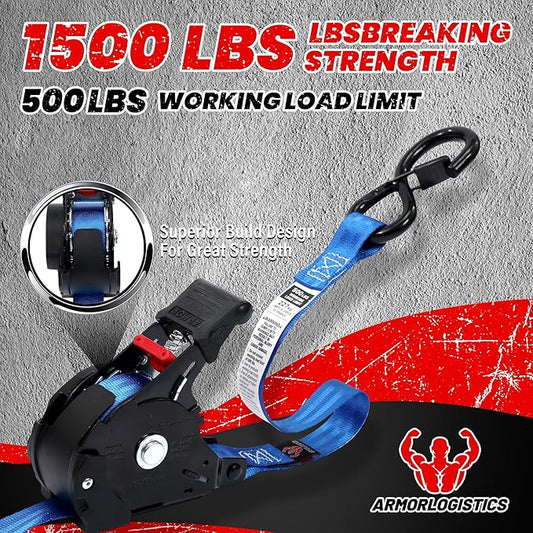 Retractable Ratchet Straps 4 Pack, 1 in x 12 FT Auto Ratchet Straps for Motorcycle, Kayak and Trucks, Breaking Strength 1,500LBS/500LBS Working Load Limit Blue