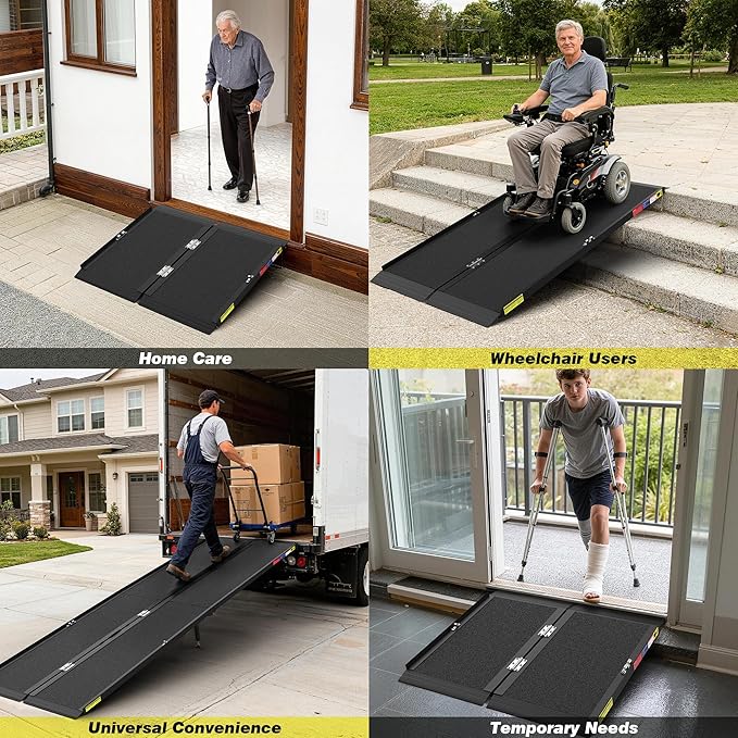 8FT Portable Wheelchair Ramp with Quick-Lock, Black Seamless Non-Slip Aluminum Folding Handicap Ramp,Threshold Ramp for Doorways, Wheel Chair Ramp for Home Steps