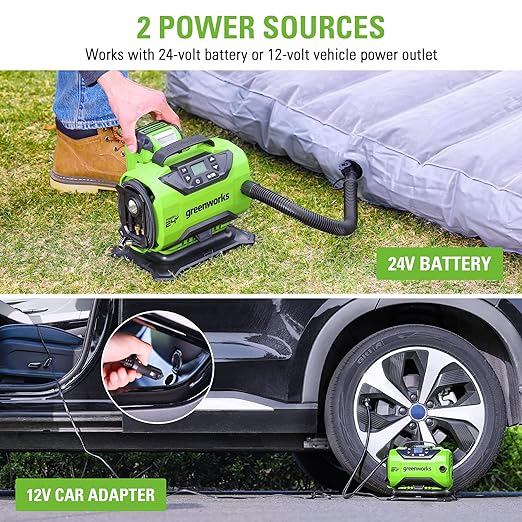 Greenworks 24V Cordless Tire Inflator, 160 PSI Portable Air Compressor, 2 Power Sources & 24V 4.0Ah Lithium-Ion Battery (Genuine Greenworks Battery)