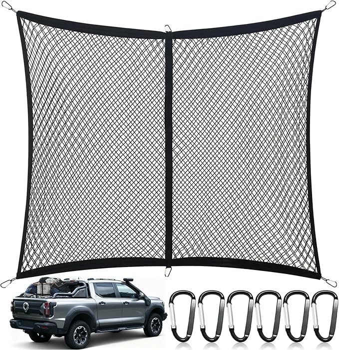 Cargo Net for Pickup Truck Bed, Double Layer Truck Bed Net, Suitable for Daily Light Loads of Trucks, 4'x4' Stretches to 7'x7', with 6 Metal Carabiners