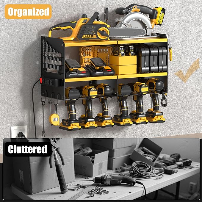 Spampur Large Power Tool Organizer Wall Mount with Charging Station, 3 Layer Heavy Duty Metal Tool Storage Rack Loads 420lbs with 6 Cordless Drill Holder, Utility Rack Loads with 4 Power Strip