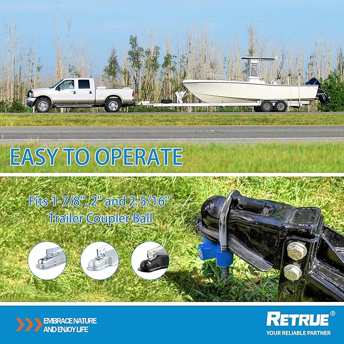 RETRUE Universal Coupler Lock Trailer Locks Ball Hitch Trailer Hitch Lock Adjustable Security Heavy-Duty Steel Fits 1-7/8 Inch, 2 Inch, 2-5/16 Inch Couplers, Baby Blue