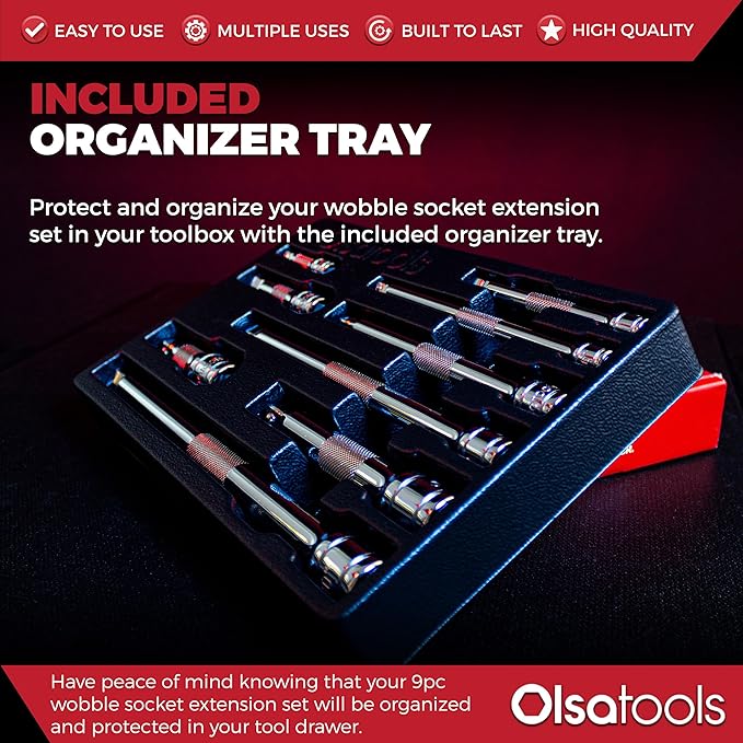 Olsa Tools Wobble Socket Extension Set - 9Pc Cr-V Dual Function Extension Bars - 1/2", 3/8", 1/4" Drive Ratchet Attachments with Non-Slip Grip - High-Performance Garage Tool - Part 1460
