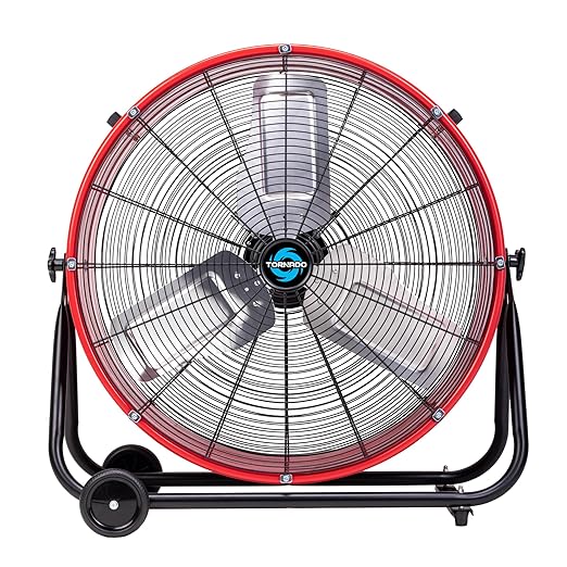 Tornado 24 Inch High Velocity Heavy Duty Tilt Metal Drum Fan Wide Version Red Commercial, Industrial Use 3 Speed 8800 CFM - 8 FT Cord UL Safety Listed (RED)