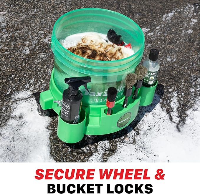 Maxshine Universal Rolling Bucket Dolly (Green) – Heavy-Duty, 5 Wheels with 2 Locks, Tool Organizer – 360° Mobility for Car Wash Supplies & Auto Detailing Organization