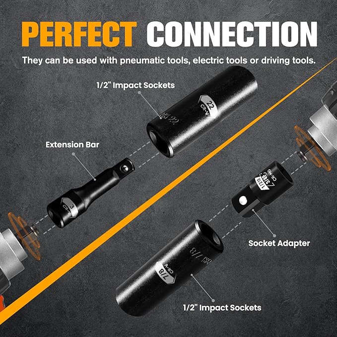 1/2 Inch Drive Deep Impact Socket Set, 29-Piece Standard 6 Point SAE and Metric Sizes (3/8" - 1", 10mm - 24mm), Chrome Vanadium Steel, with 3", 5" Impact Extension Bars and Socket Adapter