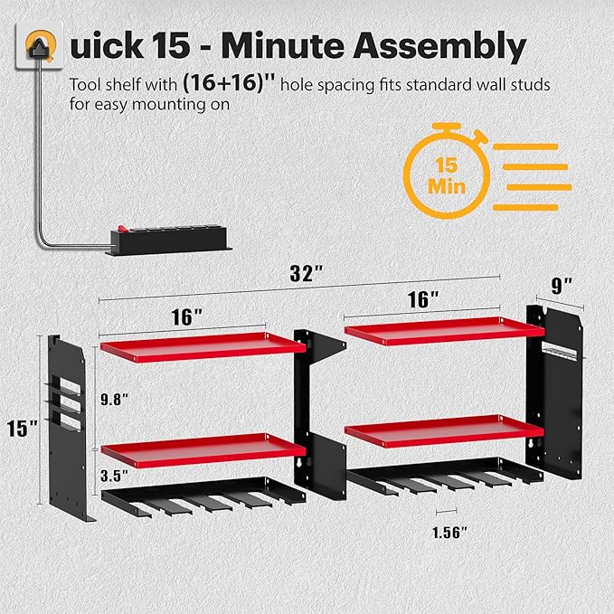 Spampur Power Tool Organizer Wall Mount with Charging Station, 15 Min Assembly & Maximum 420lbs Load by Heavy Duty Metal, 8 Slots for Cordless Drill, Tool Battery Holder with 6 Outlet Power Strip