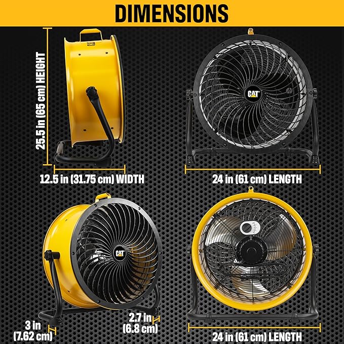 Caterpillar® fan 18”-Blade High-Velocity Drum Fan Heavy Duty Industrial Grade (Yellow, 2-in-1): 3,400 CFM, 4-Speed, 360 Degree Adjustable Drum Head, Dual Ball Bearing Motor with Die-Cast Cover