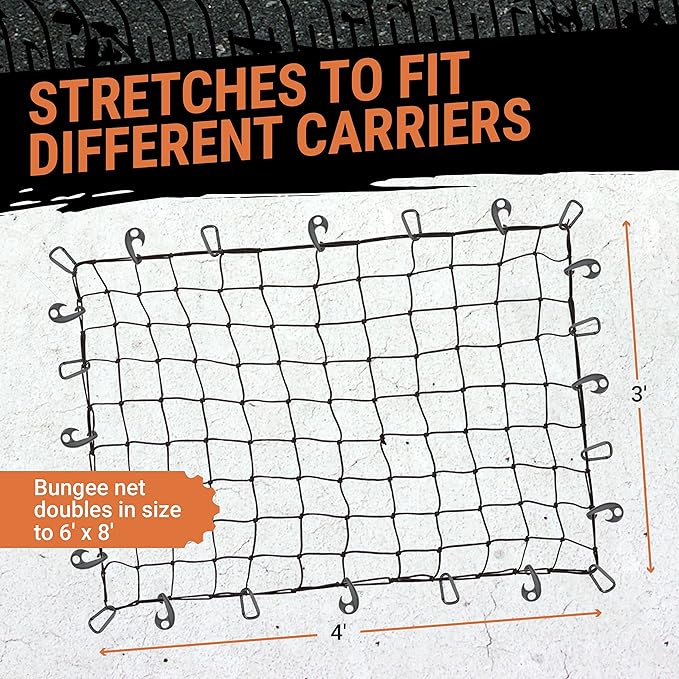 Grit Performance Cargo Net for SUV - 3 x 4 Foot, Heavy-Duty, Mesh Square Bungee Netting with 12 Hooks, 12 Black Clips and Storage Bag - Holds Small and Large Loads