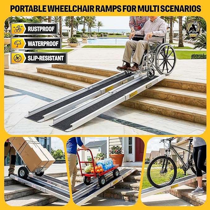 7FT Portable Wheelchair Ramp 2.0, 1200 LBS Capacity Adjustable Wheelchair Ramp for Home Steps, 2PC Threshold Aluminum Handicap ramps for wheelchairs for Home, Stairs, Doorways, Car, Non-Skid
