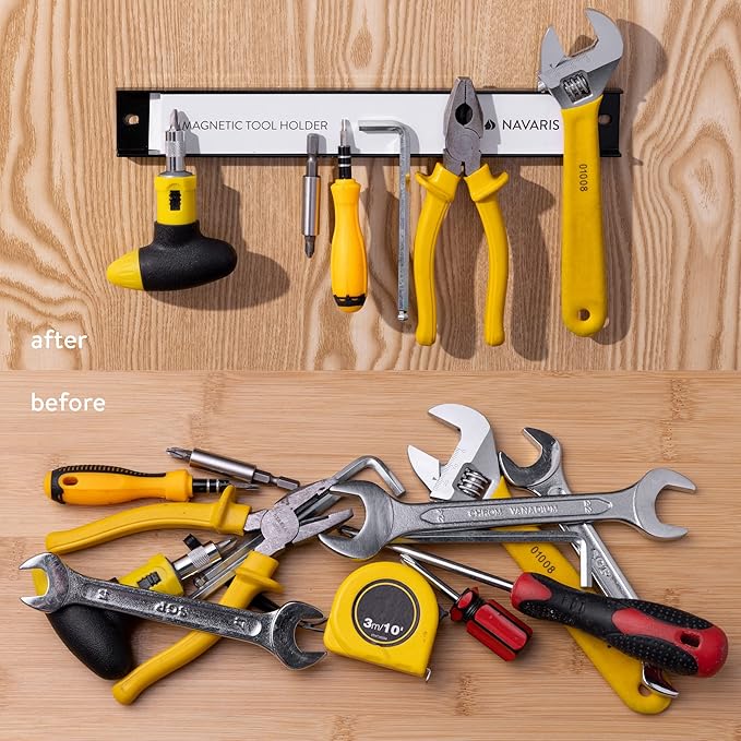 Navaris Set of 4 Magnetic Tool Holder Rack - 12 Inch Heavy Duty Garage Wall Holder Strip for Tools - Tool Bar with Magnet for Screwdriver, Wrench