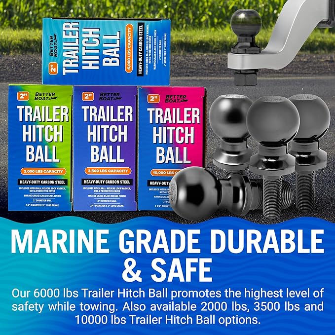 Better Boat 2 Inch Trailer Ball Hitch, 6000lbs Capacity, 1" Shank Diameter, 2" Long, Marine Grade Tow Ball for Boats or Towing