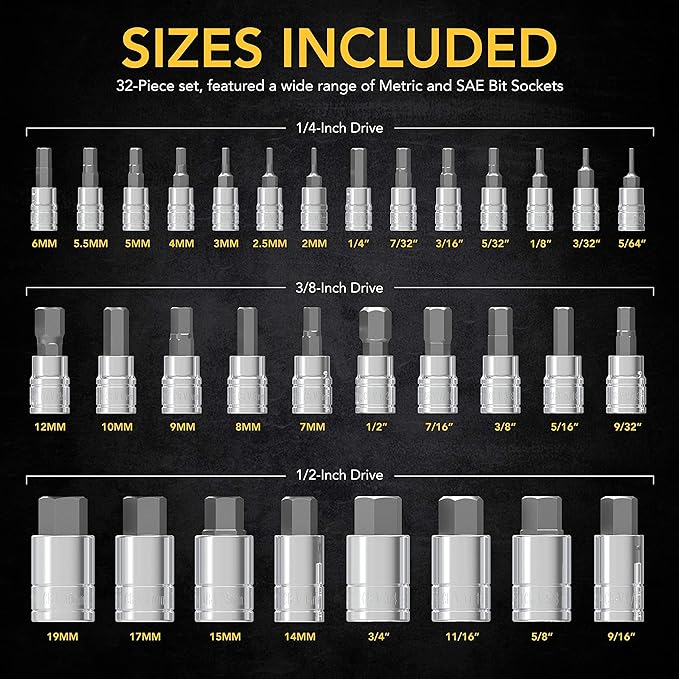 LEXIVON Master HEX Bit Socket Set, Complete 32-Piece made from Premium S2 Alloy Steel + Impact Grade Socket Adapter Set, 3" Extension Bit With Holder | 3-Piece 1/4", 3/8", and 1/2" Drive