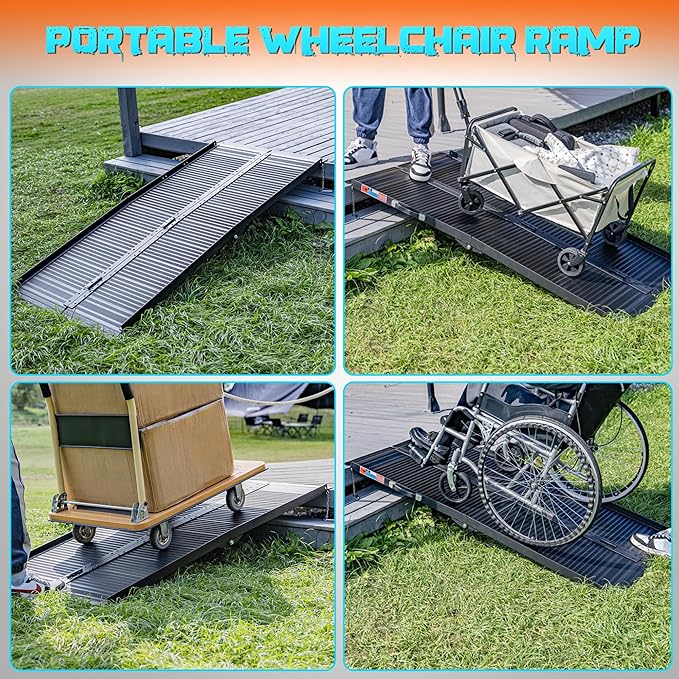 WHALEMOTOR Black Portable Wheelchair Ramp, 5FT No-sew Non-Slip Aluminum Wheelchair Ramp, Folding Portable Wheelchair Ramps for Home, Weight Capacity Up to 800 LBS, Loading Dock Plates