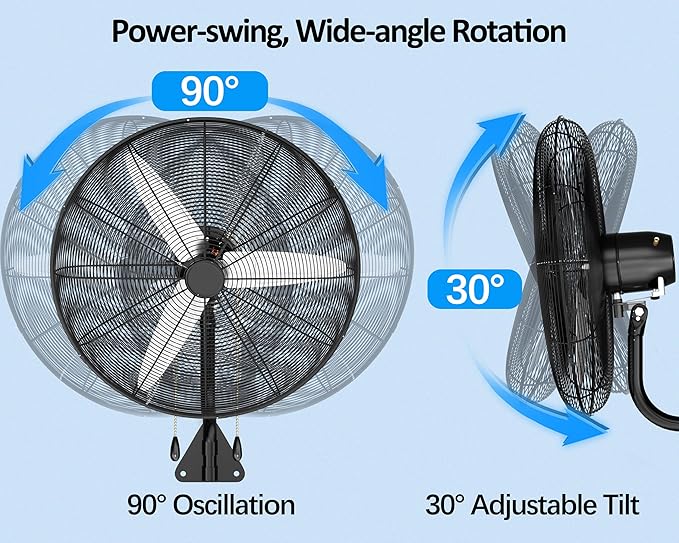 Uthfy 30 Inch High Velocity Wall Mount Fan, 11200CFM Outdoor Industrial Fan with Dual Pull Cord Control, 6 FT Cord, 3 Speeds, Heavy Duty Oscillating Fan for Indoor, Garage, Patio, Workshop Use