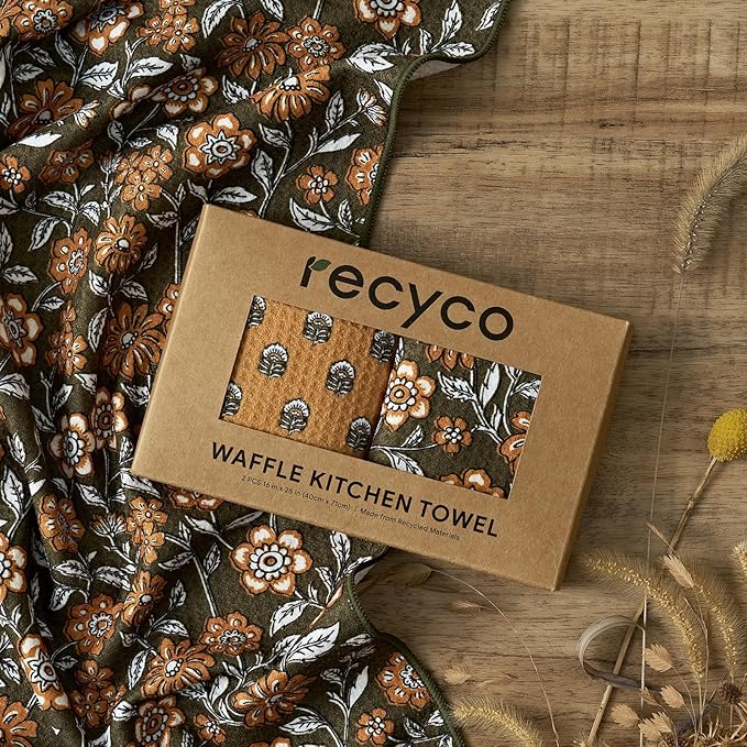 RECYCO Waffle Kitchen Towel Set of 2 - Quick Dry Microfiber Sustainable Dish Towels - Ultra Absorbent Reusable Cleaning Tea Towels - Lightweight Hand Towels,16”x 28”, Amber Flora