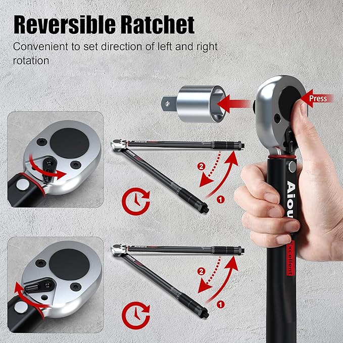 1/2" Drive Torque Wrench, 8-168 Ft.-Lb. Click Torque Wrench, 72 Tooth Dual-Direction Adjustable, Dual Scale, ±3% Accuracy, for Bicycle, Motorcycle, Automotive Repair and Maintenance
