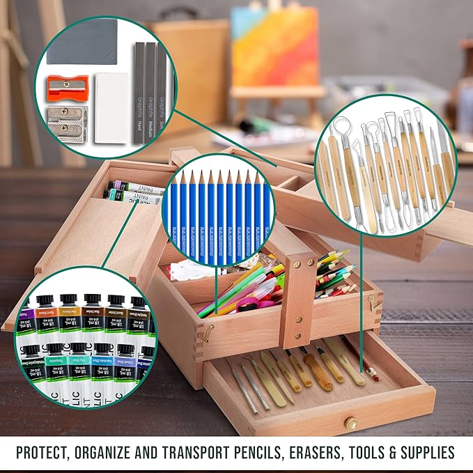U.S. Art Supply Multi-Function Artist Tool Supply Box with Locking Clasps & Tool Storage Box - Wooden Art Box for Artist Supplies, Brushes, Pencils, Erasers, Tool Storage Organizer Case