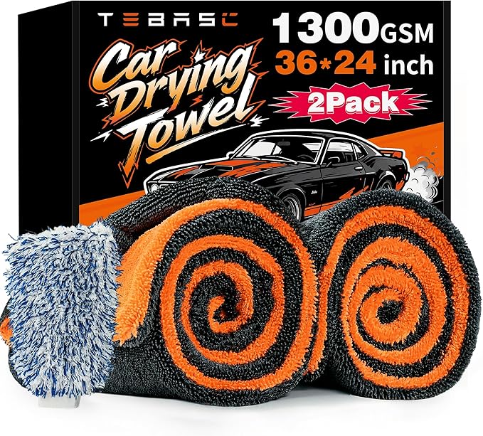 2-Pack Car Drying Towels 24x36 Inch 1300GSM, Twisted Loop Microfiber Cloth for Auto Detailing - Super Absorbent, Lint-Free & Streak-Free for SUV, Truck & Window（Gray-Orange）