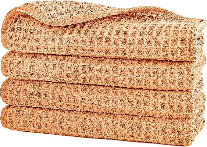 POLYTE 430 GSM Microfiber Lint Free Washcloth Face Towel, 13 x 13 in, 4 Pack (Waffle Weave)