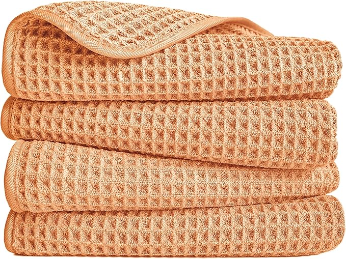 POLYTE 430 GSM Microfiber Lint Free Hand Towel, 16 x 30 in, 4 Pack (Waffle Weave)